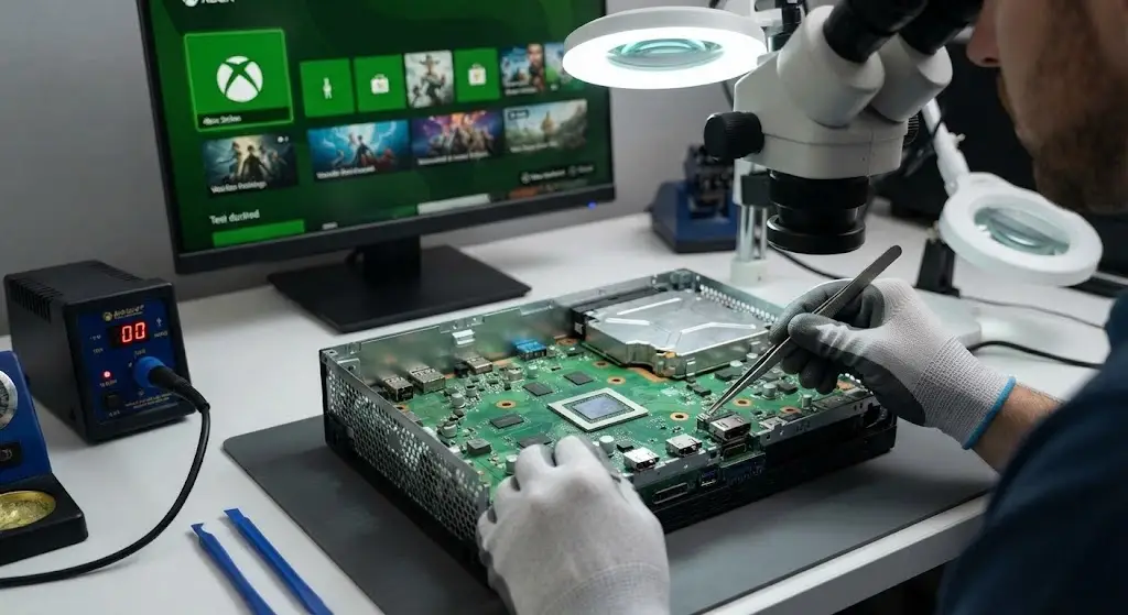 Technician repairing an Xbox console motherboard with micro-soldering equipment for HDMI port replacement.