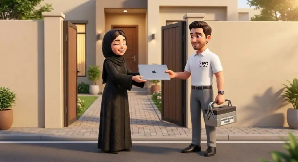 Customer receiving their device after professional MacBook screen replacement in Qatar at Bayt Al Tech service center.