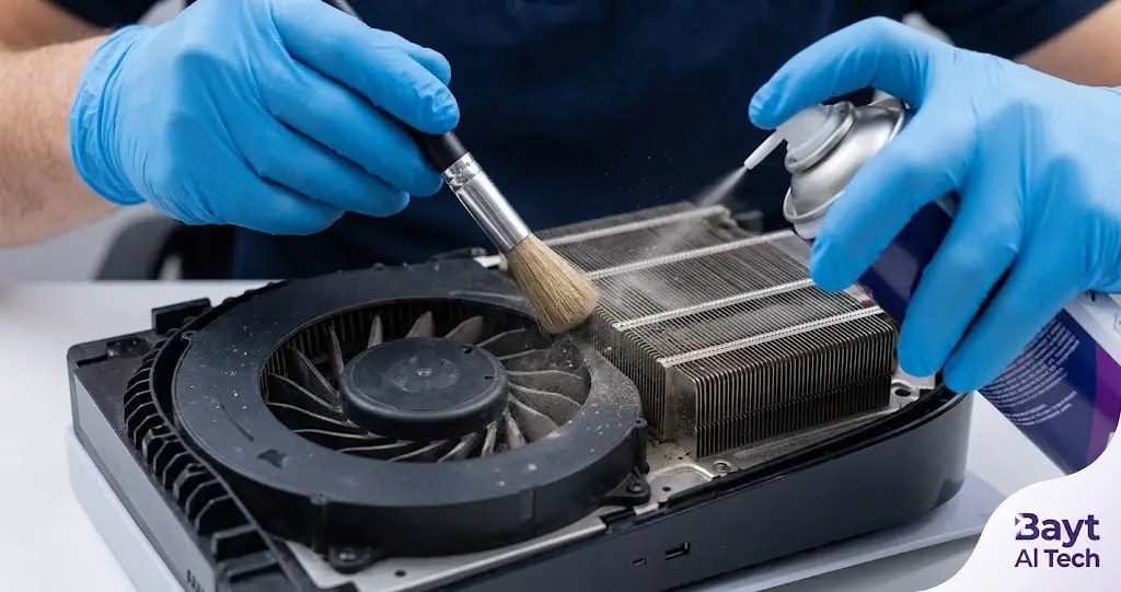 Technician servicing an overheating PlayStation 5 cooling fan and heatsink at Bayt Al Tech repair center in Qatar.