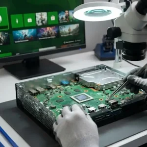 Technician repairing an Xbox console motherboard with micro-soldering equipment for HDMI port replacement.