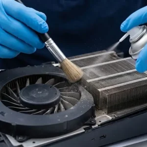 Technician servicing an overheating PlayStation 5 cooling fan and heatsink at Bayt Al Tech repair center in Qatar.